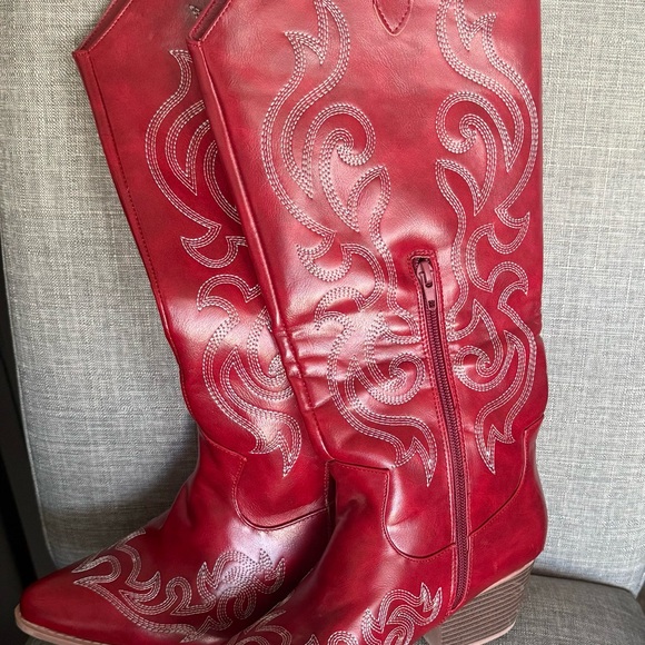 Shoes - Red Embroidered Western Calf Length Boots